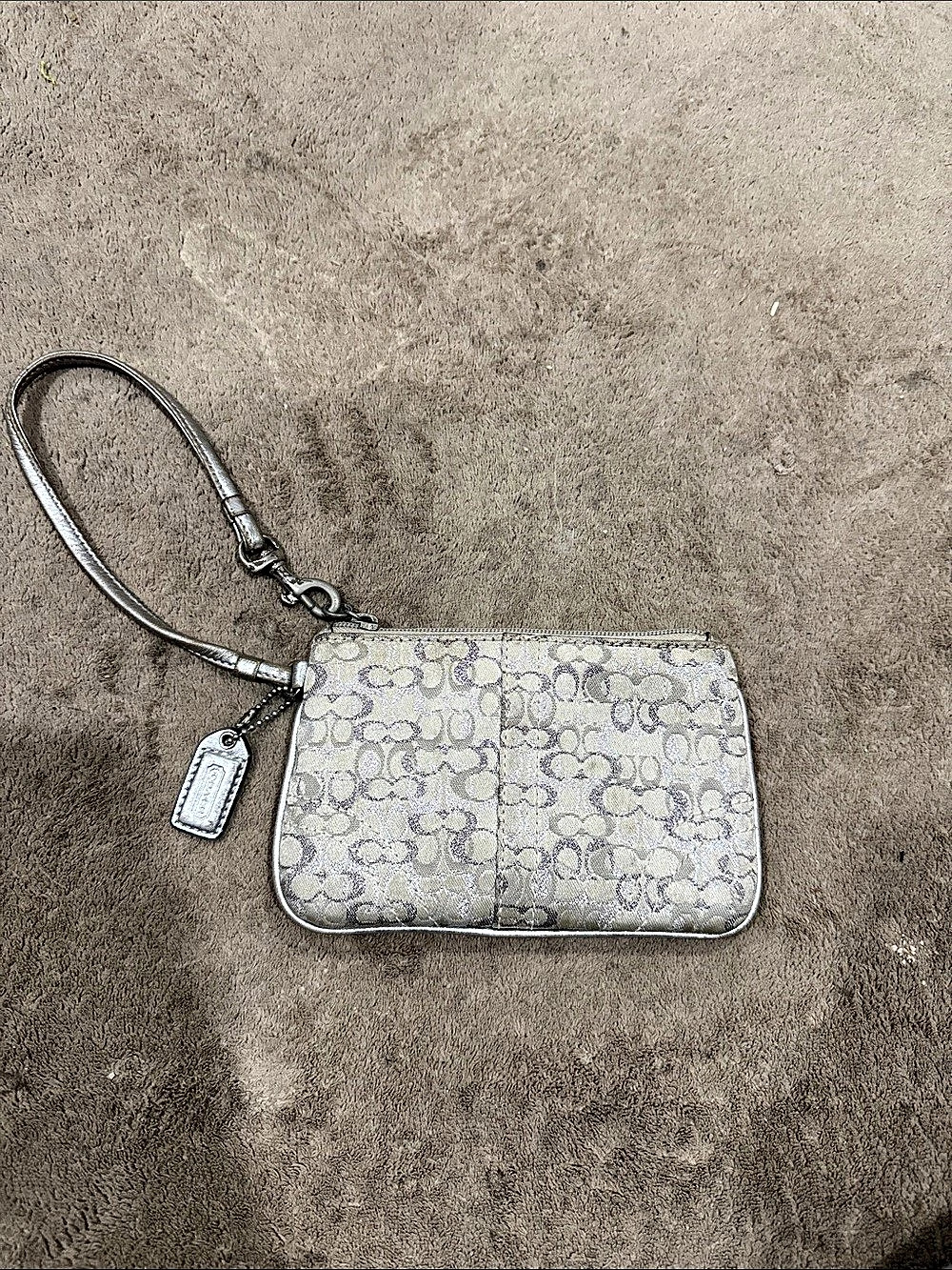 Coach Signature Metallic C Small Wristlet in Silver & Gray